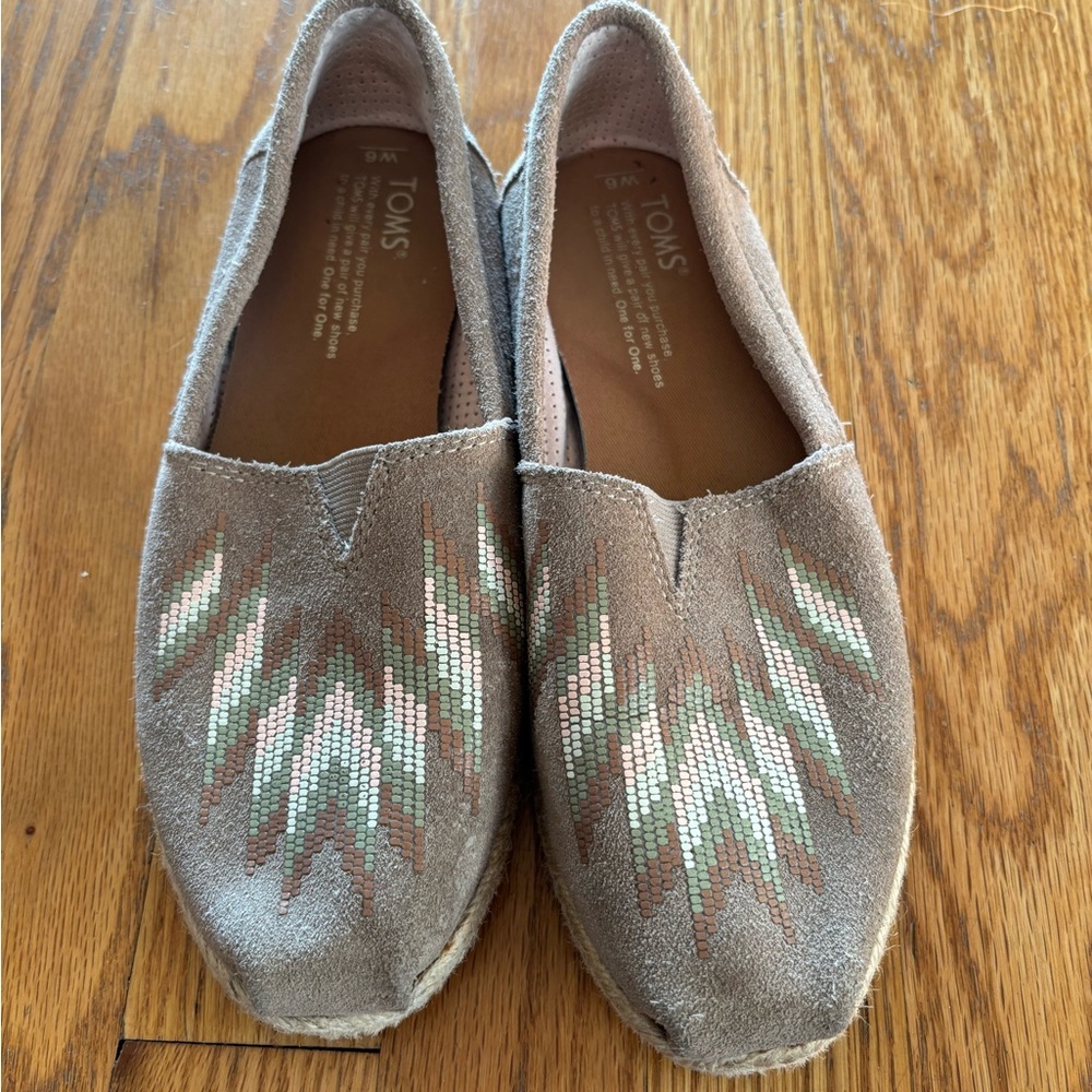 TOMS Brown Suede Slip-Ons with Geometric Design